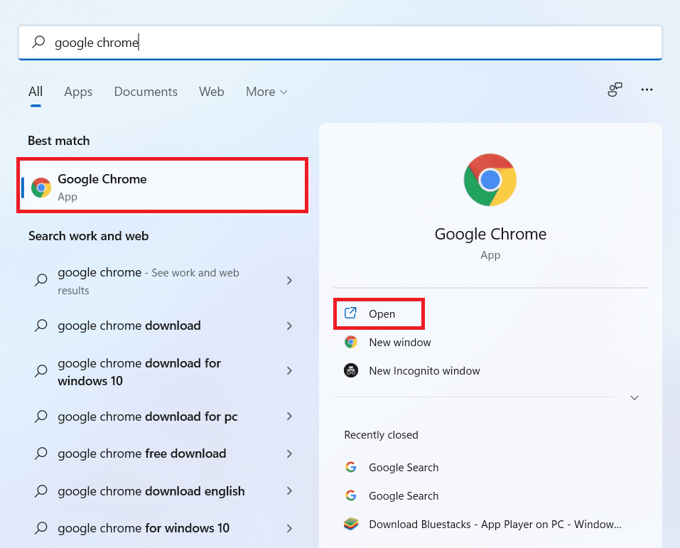 Wpisz Google Chrome w pasku wyszukiwania Windows i kliknij Otwórz | jak pobrać Mapy Google na Windows 10/11