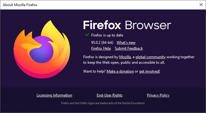 Dacă Firefox este actualizat, va afișa Firefox este actualizat. Remediați eroarea de resetare a conexiunii Firefox