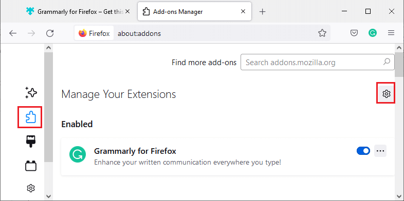 Aici, faceți clic pe Extensii în panoul din stânga, iar în panoul din dreapta, faceți clic pe pictograma roată corespunzătoare extensiei dvs. Remediați eroarea de resetare a conexiunii Firefox