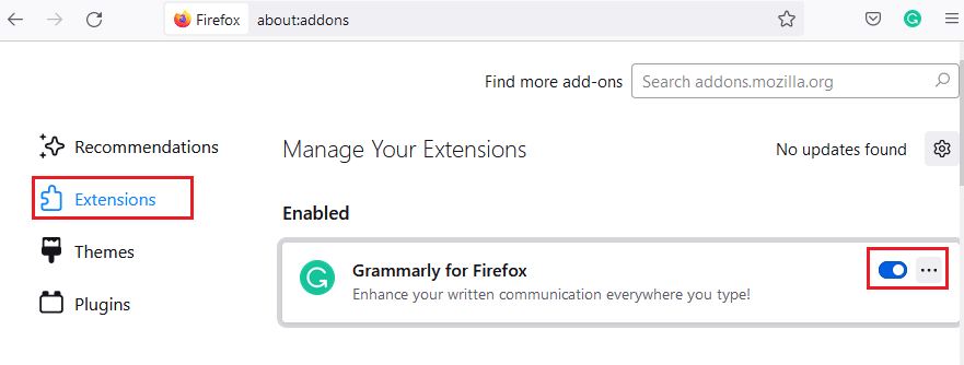 Ensuite, cliquez sur Extensions dans le volet de gauche et désactivez les extensions. Correction de l'erreur de réinitialisation de la connexion Firefox