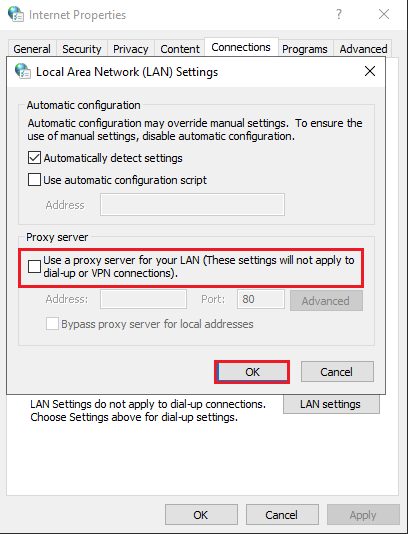 Odznacz pole wyboru Użyj serwera proxy dla swojej sieci LAN i kliknij OK