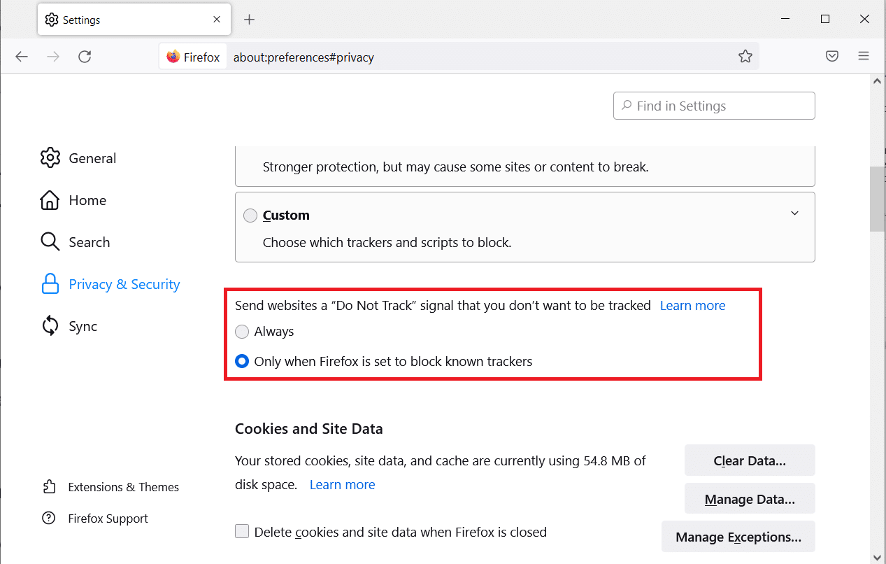 웹사이트에 추적하지 않으려는 신호를 추적하지 않음 신호 보내기에서 항상을 선택합니다. Firefox 연결 재설정 오류 수정