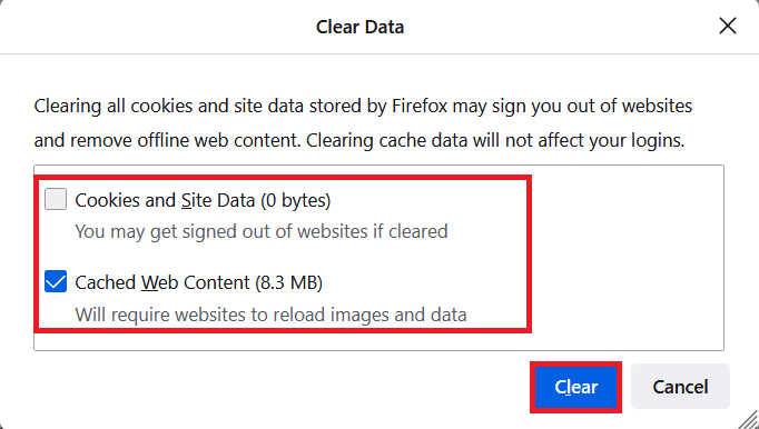 Debifați caseta Cookie-uri și date site și asigurați-vă că bifați caseta Conținut web în cache. Faceți clic pe Clear.