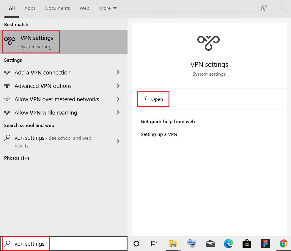 ketik pengaturan vpn dan klik Buka di bilah pencarian Windows 10