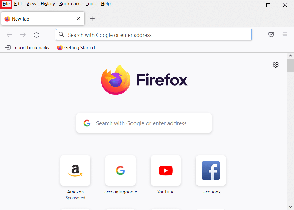 Clique em Arquivo no canto superior direito da tela. Corrigir erro de redefinição de conexão do Firefox