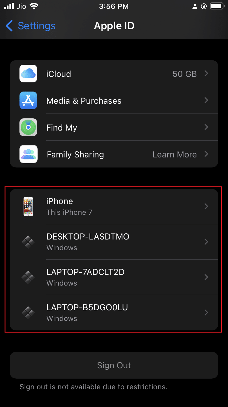 lista de dispositivos faça login com o Apple ID iphone