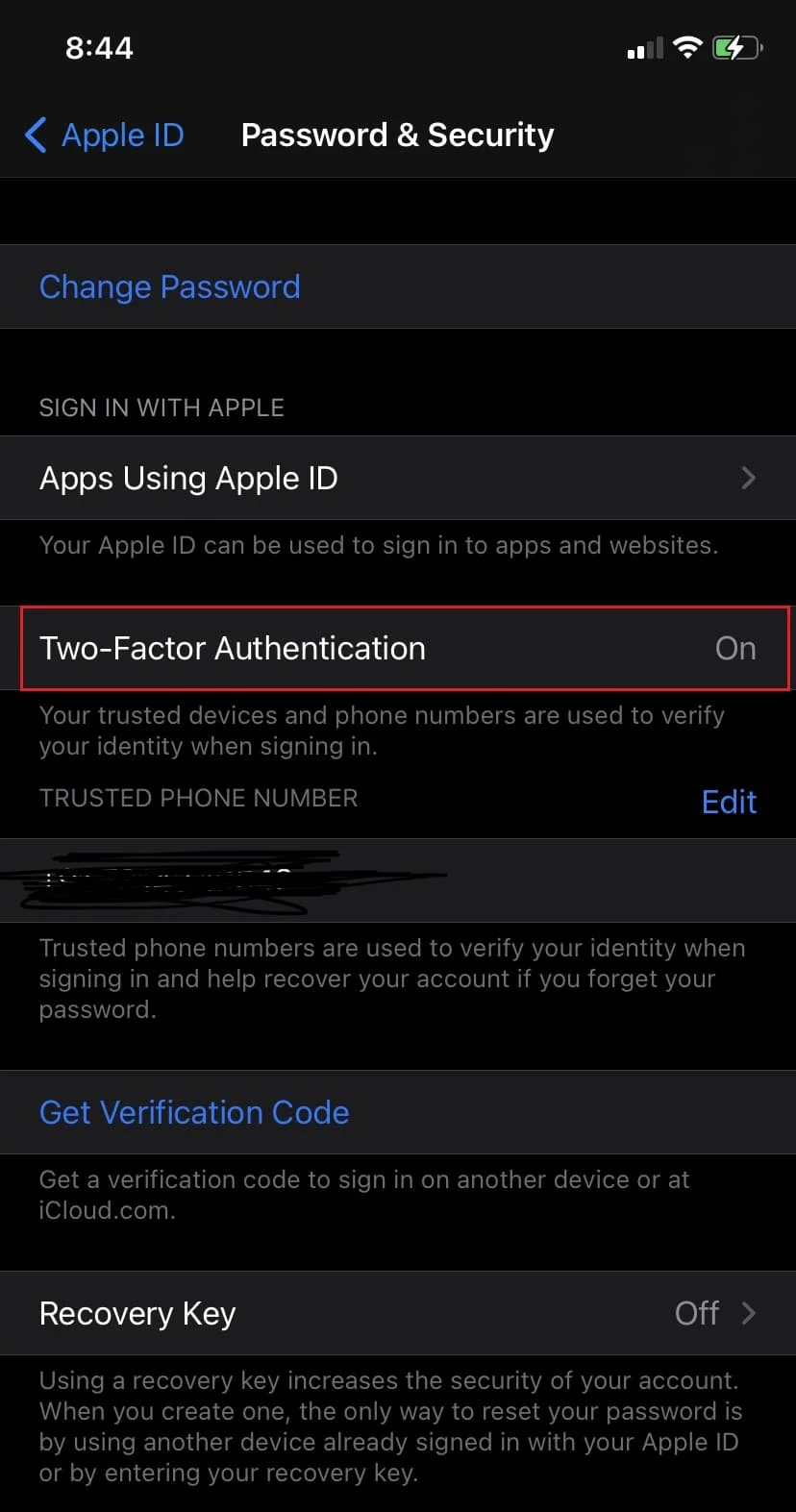 Toque em Ativar autenticação de dois fatores | Autenticação de dois fatores da Apple