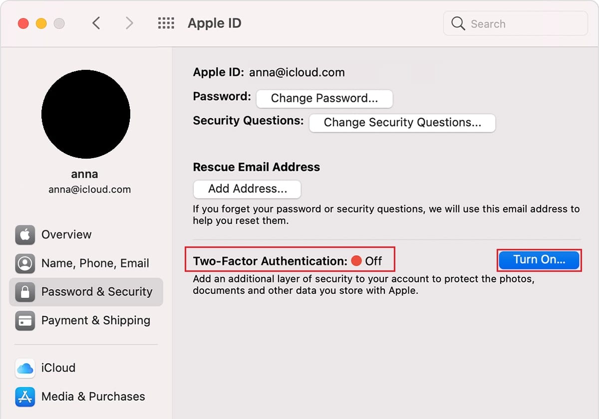 active la autenticación de dos factores en la contraseña de Mac y la configuración de seguridad