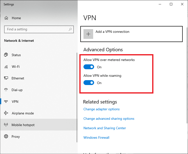 Na janela Configurações, desconecte o serviço VPN ativo e desative as opções VPN em Opções avançadas