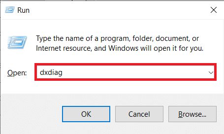 Pressione as teclas Windows e R para abrir a caixa de diálogo Executar. Digite dxdiag e pressione Enter