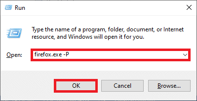 [ファイル名を指定して実行]ダイアログボックスにfirefox.exePと入力し、[OK]ボタンをクリックします