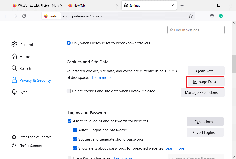 次に、[データの管理...]ボタンをクリックします。 Firefoxの右クリックが機能しない問題を修正