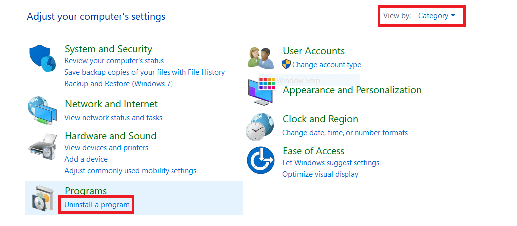 Görüntüleme Ölçütü'nü Kategori olarak ayarlayın ve Bir programı kaldır'a tıklayın. Windows 10'da ERR AĞ DEĞİŞTİRİLDİ'yi düzeltin