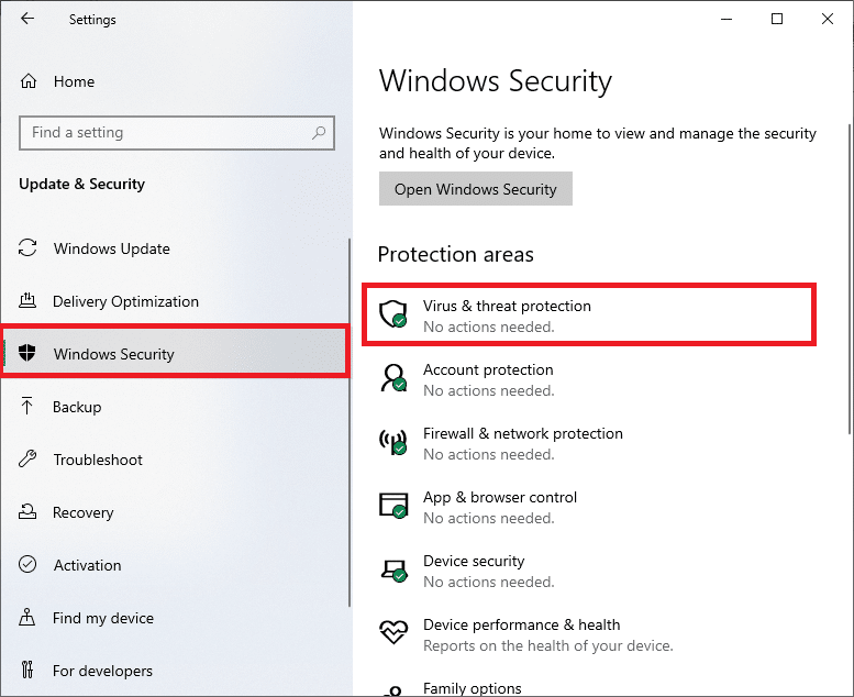 เลือกตัวเลือกการป้องกันไวรัสและภัยคุกคามภายใต้พื้นที่การป้องกัน แก้ไข ERR NETWORK CHANGED ใน Windows 10