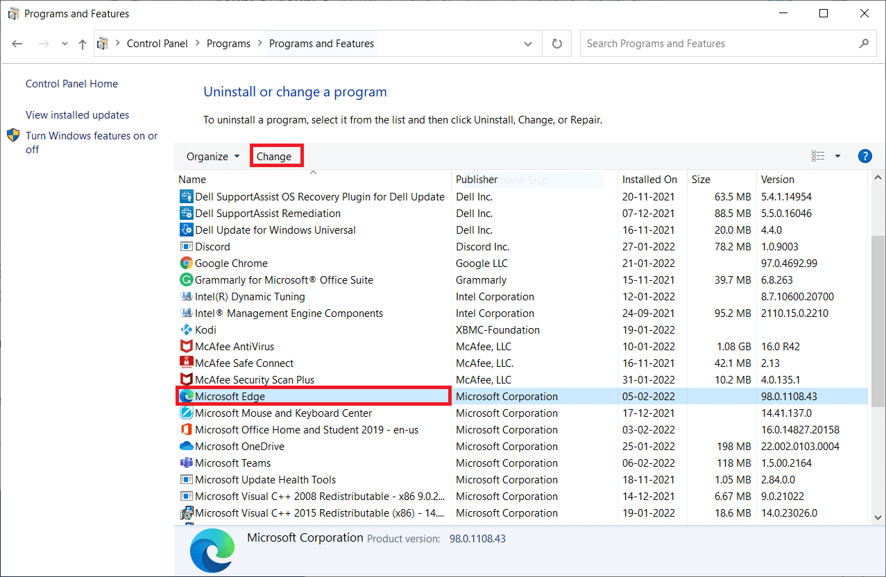 Programlar ve Özellikler penceresinde, Microsoft Edge'e tıklayın ve Değiştir seçeneğini seçin.