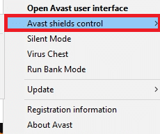 selectați opțiunea de control Avast shields. Remediați ERR NETWORK CHANGED în Windows 10