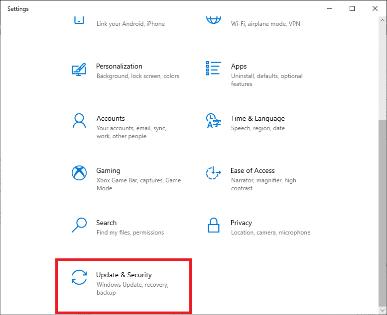 ここで、Windowsの設定画面がポップアップ表示されます。次に、[更新とセキュリティ]をクリックします。 Windows10で変更されたERRネットワークを修正