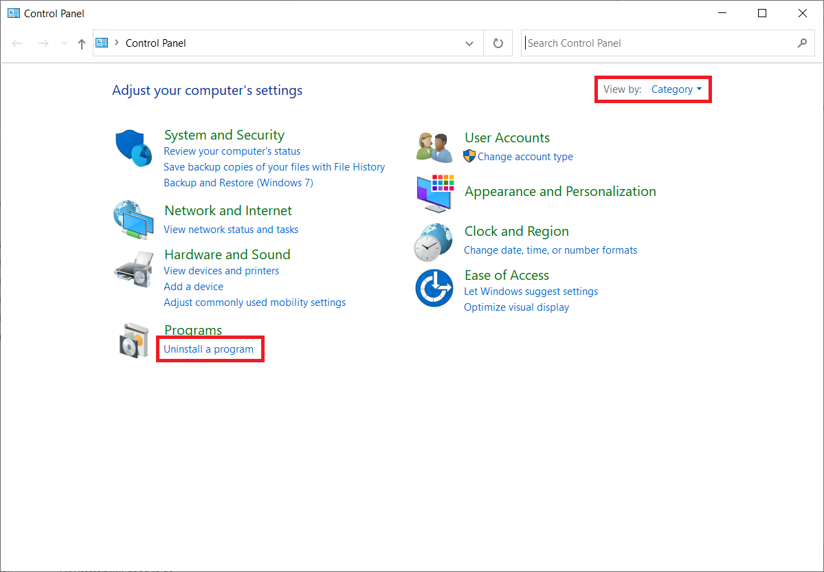 將查看方式設置為類別。選擇卸載程序。如何卸載鉻 Windows 10