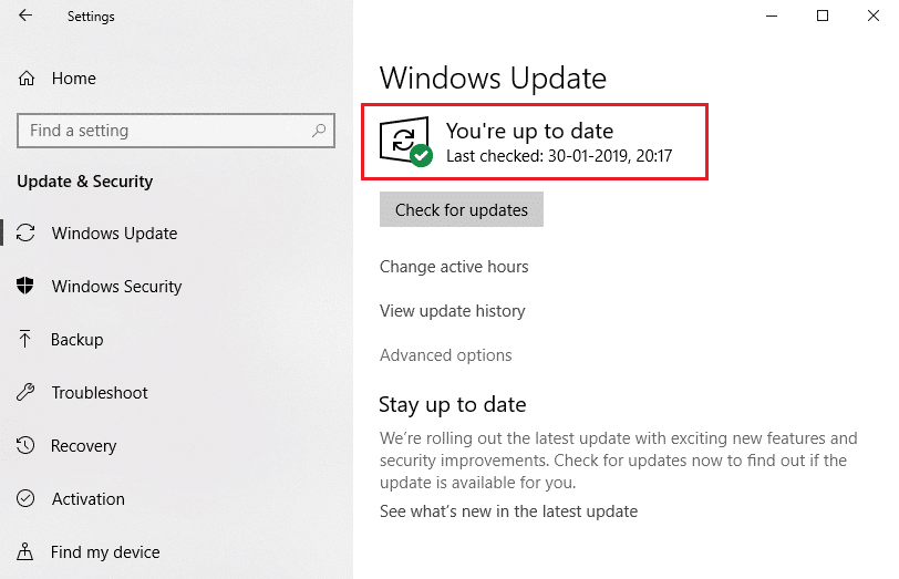 Windows Update sunteți la zi mesajul