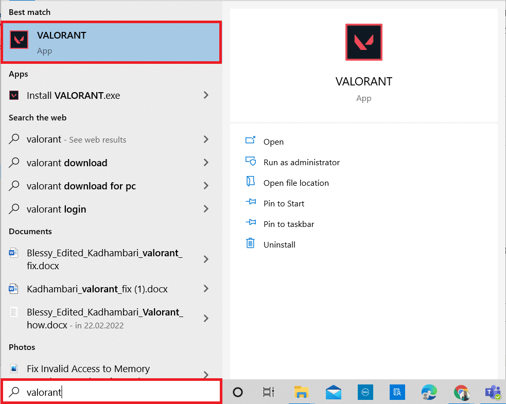 กดปุ่ม Windows พิมพ์ Valorant แล้วเปิดขึ้นมา