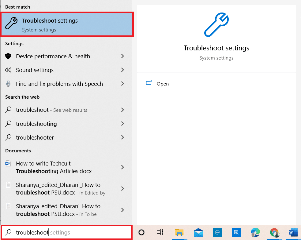 Premi il tasto Windows. Digita le impostazioni di risoluzione dei problemi nella barra di ricerca e aprila