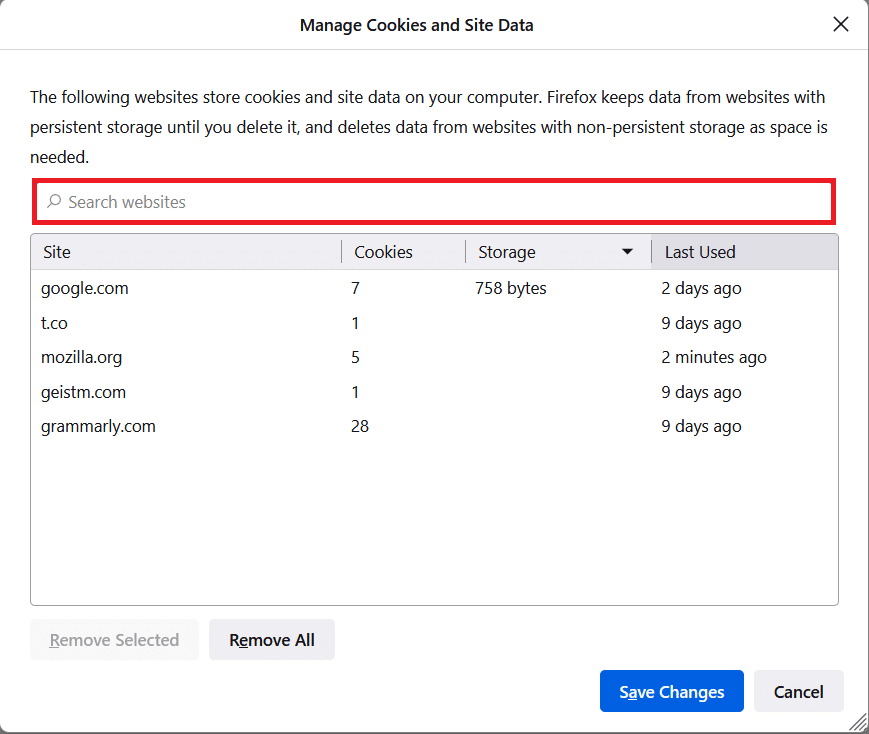 Digite o nome do site no campo Pesquisar sites cujos cookies você deseja remover