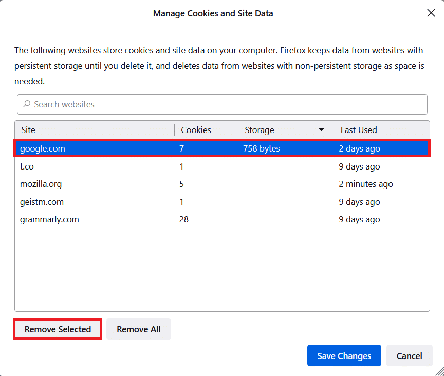 เลือกเว็บไซต์และคลิกที่ Remove Selected เพื่อลบข้อมูลที่เลือก แก้ไขไม่มีเสียงใน Firefox บน Windows 10