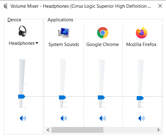 Stellen Sie sicher, dass die Audiopegel für Geräte-, Anwendungs- und Firefox-Audiopegel auf Maximum eingestellt sind. Kein Ton in Firefox unter Windows 10 beheben