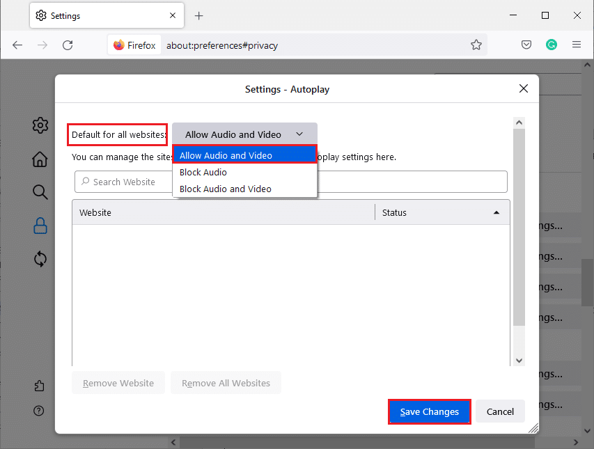 Ensuite, dans la fenêtre Paramètres de lecture automatique, sélectionnez l'option Autoriser l'audio et la vidéo à côté du menu Par défaut pour tous les sites Web.