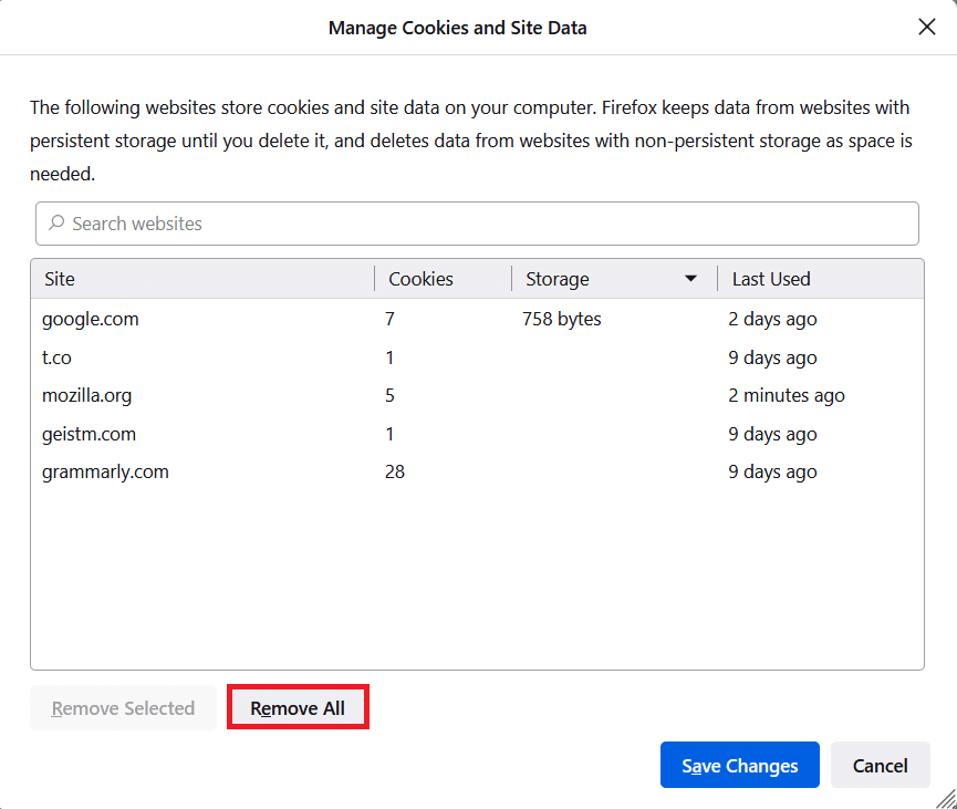 sélectionnez Supprimer tout pour supprimer tous les cookies et les données de stockage. Correction de l'absence de son dans Firefox sur Windows 10