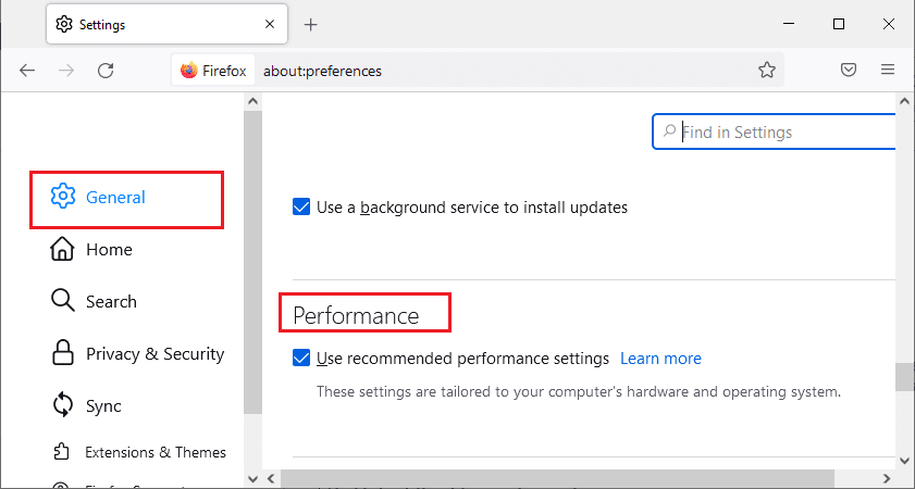 Aqui, desmarque Usar configurações de desempenho recomendadas conforme mostrado. Corrigir sem som no Firefox no Windows 10