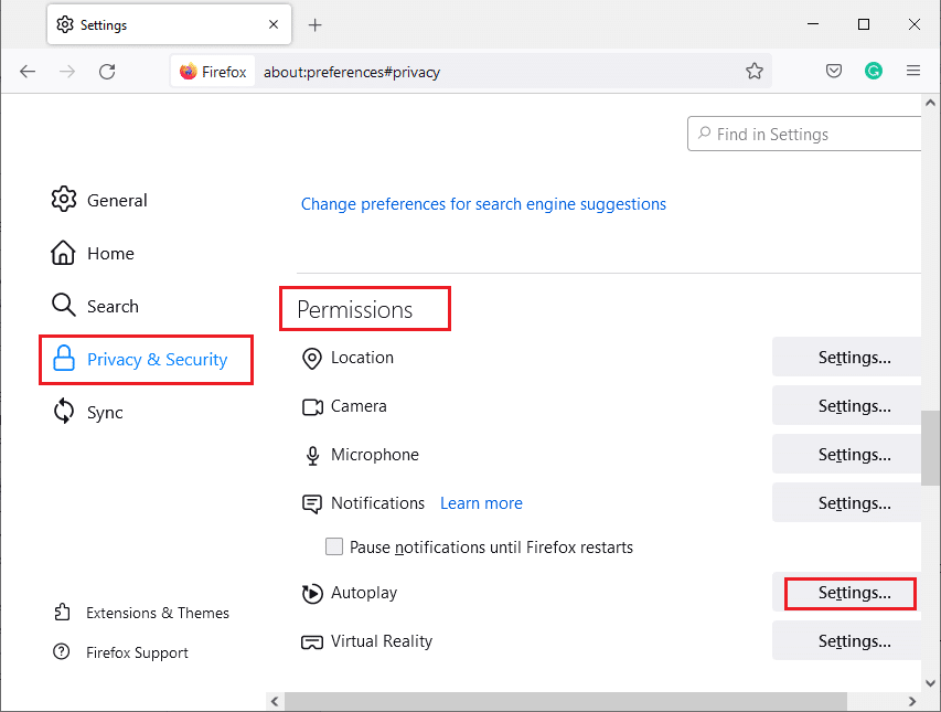 Şimdi Gizlilik ve Güvenlik sekmesine tıklayın ve İzinler bölümüne gidin. Windows 10'da Firefox'ta Ses Yok'u Düzeltin