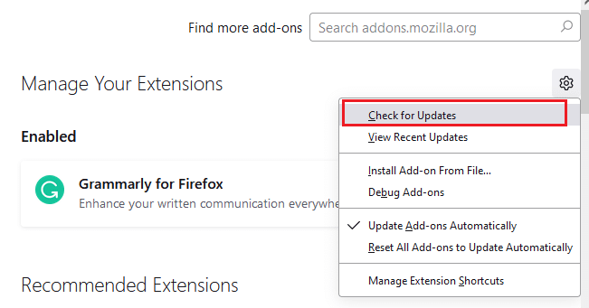 Agora, selecione a opção Verificar atualizações. Corrigir sem som no Firefox no Windows 10