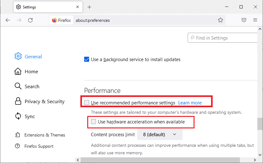 قم بإلغاء تحديد الخيارات استخدم إعدادات الأداء الموصى بها واستخدم تسريع الأجهزة عند توفرها