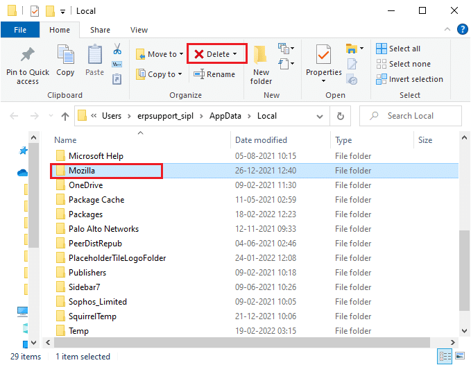 Şimdi aşağı kaydırın ve Mozilla klasörüne tıklayın. Ardından, vurgulandığı gibi Sil seçeneğine tıklayın.