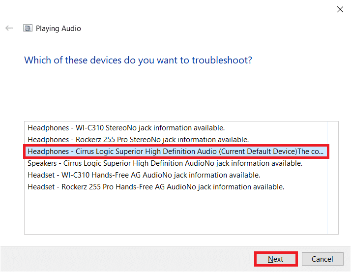 حدد جهاز الصوت الذي تريد استكشاف أخطاءه وإصلاحها وانقر فوق "التالي". إصلاح عدم وجود صوت في Firefox على نظام التشغيل Windows 10