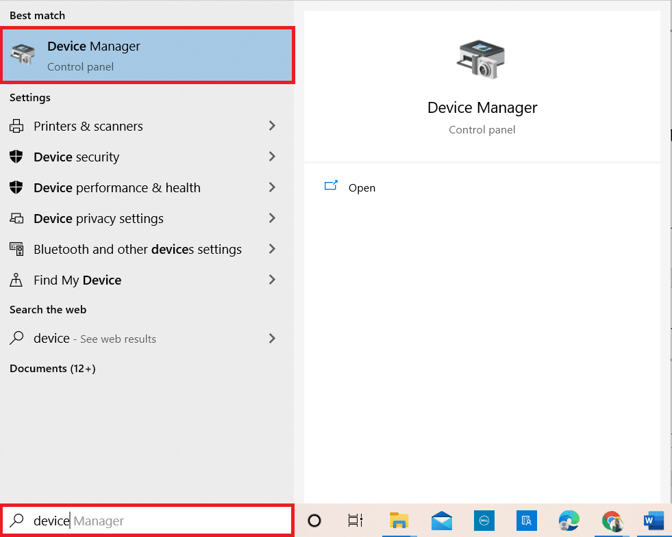 اكتب Device Manager في قائمة بحث Windows 10 وافتحه