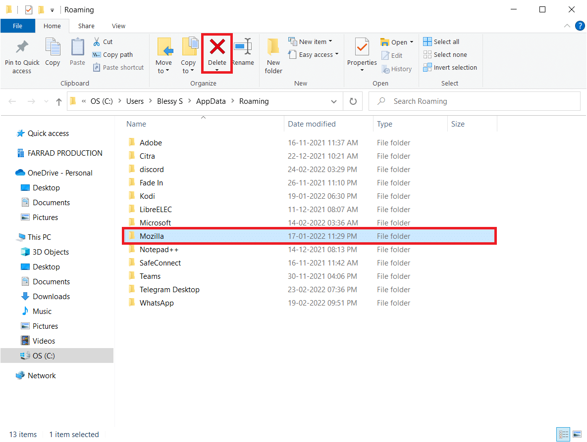 Faites défiler vers le bas et cliquez sur le dossier Mozilla. Ensuite, cliquez sur l'option Supprimer. Correction de l'absence de son dans Firefox sur Windows 10