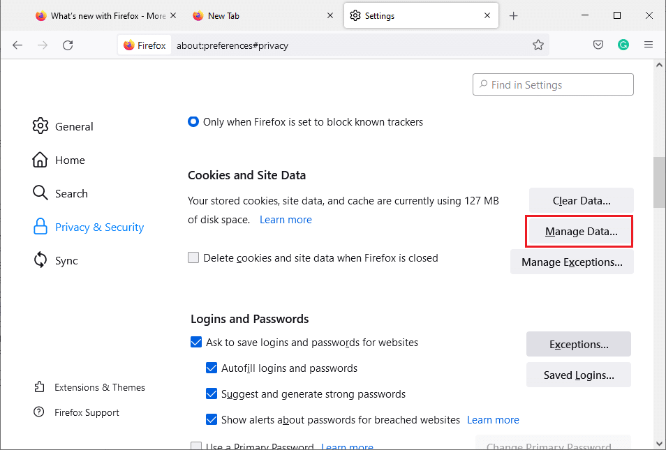 Şimdi, Verileri Yönet… düğmesine tıklayın. Windows 10'da Firefox'ta Ses Yok'u Düzeltin