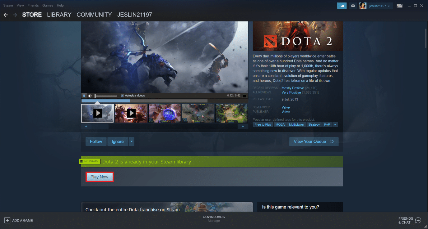 Klik Mainkan Sekarang untuk menginstal game. Perbaiki Dota 2 Disk Write Error