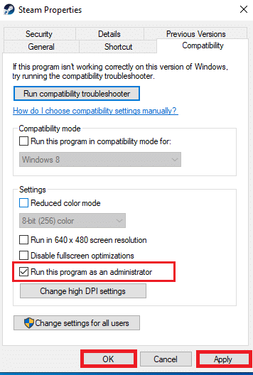 Marque la casilla de Ejecutar este programa como administrador como se muestra y haga clic en Aplicar y luego en Aceptar.