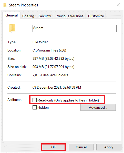 [全般]タブで、有効になっている場合は、[読み取り専用でフォルダ内のファイルにのみ適用する]チェックボックスをオフにします。 [OK]をクリックします