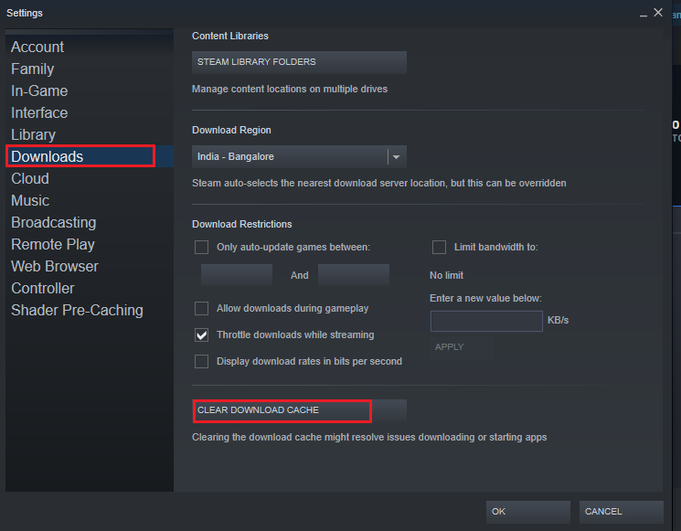 Seleccione la pestaña Descargas en la configuración de Steam y haga clic en Borrar caché de descarga