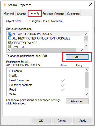 Pilih tab Keamanan dan klik Edit. Perbaiki Dota 2 Disk Write Error