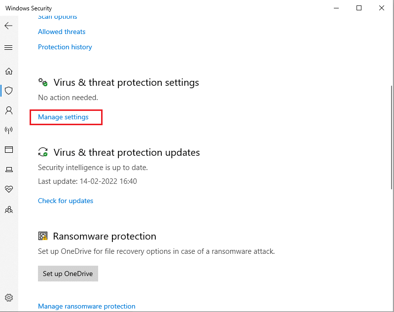 Haga clic en Administrar configuración en Configuración de protección contra virus y amenazas