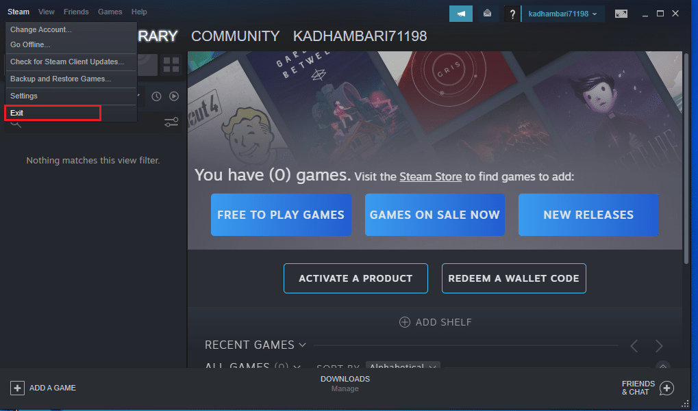 Pilih opsi Keluar di bilah menu Steam