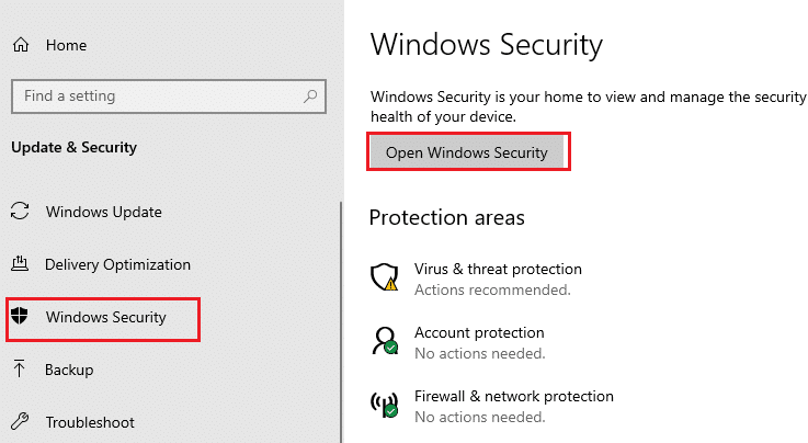 คลิกที่ Open Windows Security ภายใต้ตัวเลือก Windows Security แก้ไขข้อผิดพลาดในการเขียนดิสก์ Dota 2