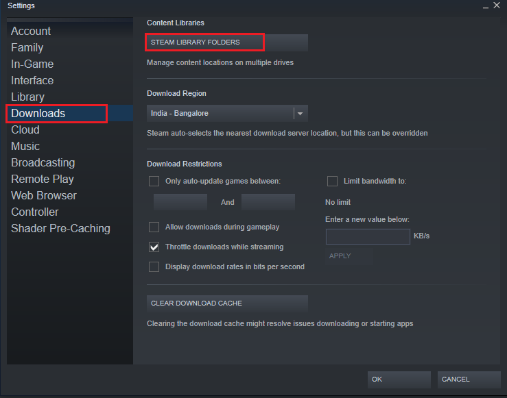 Steam ayarlarının İndirilenler sekmesinde Akış Kitaplığı Klasörlerini seçin. Dota 2 Disk Yazma Hatasını Düzeltin