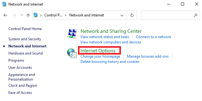 Aici, faceți clic pe Opțiuni Internet. Remediați codul de eroare 5003 care nu se poate conecta la Zoom