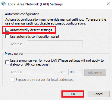 Aici, bifați caseta Detectează automat setările și asigurați-vă că Utilizați un server proxy pentru LAN este debifată